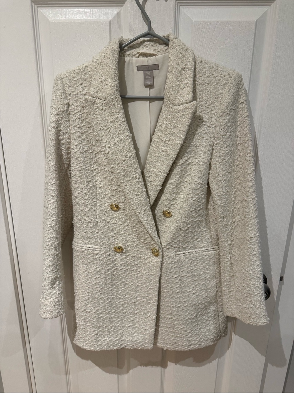 H&M Cream Double-Breasted Bouclé Blazer with Gold Buttons